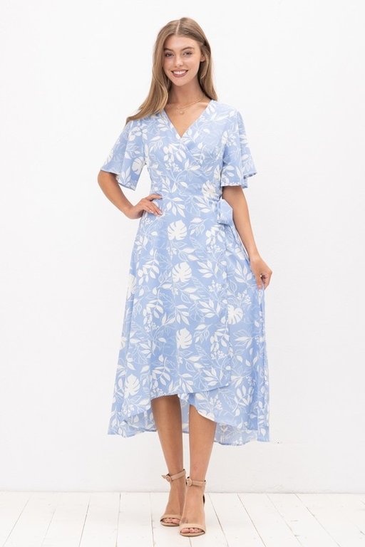 The Sunday Dress Sky Blue Tropical Print Super Soft Tie Wrap Maxi Dress