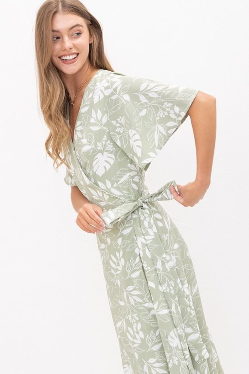 The Sunday Dress Mint Tropical Print Super Soft Tie Wrap Maxi Dress