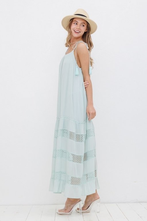The Sunday Dress Mint Tassel Shoulder Strap Lace Maxi Dress