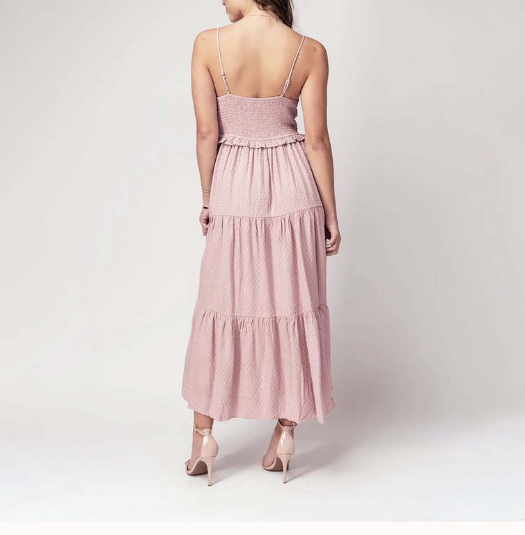 The Sunday Dress Rose Ruffle Tiered Ruched Front  Maxi Dress
