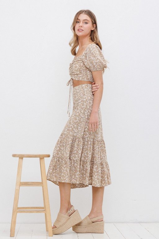 The Sunday Dress Taupe Floral Print Front Ruched Crop Top and Skirt Set