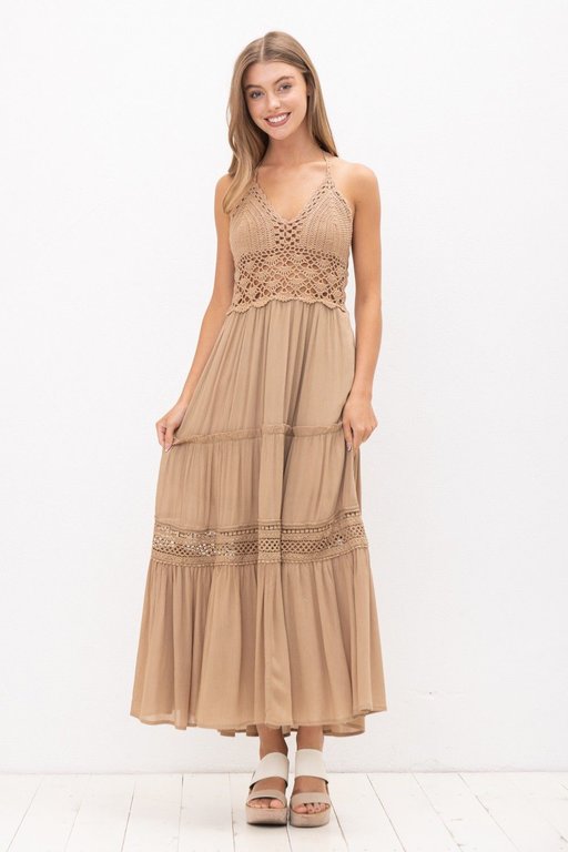 The Sunday Dress Taupe Crochet With Rayon Ruched Back Maxi Dress