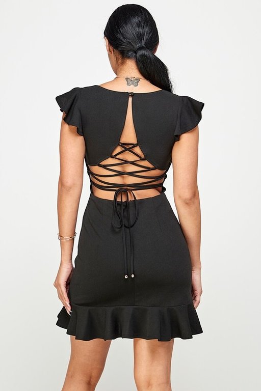 The Sunday Dress Black Flutter Sleeve Fit Hem Ruffle Mini Dress