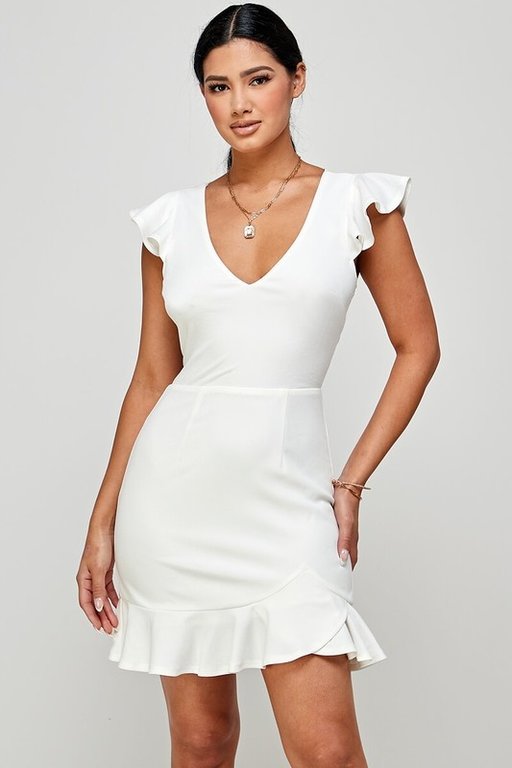 The Sunday Dress White Flutter Sleeve Fit Hem Ruffle Mini Dress