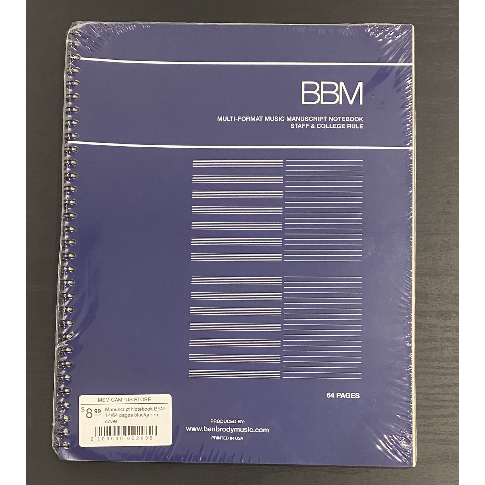 Manuscript BBM Notebook: 14 staves + college rule/64 pages blue/green cover (8.5"x11")