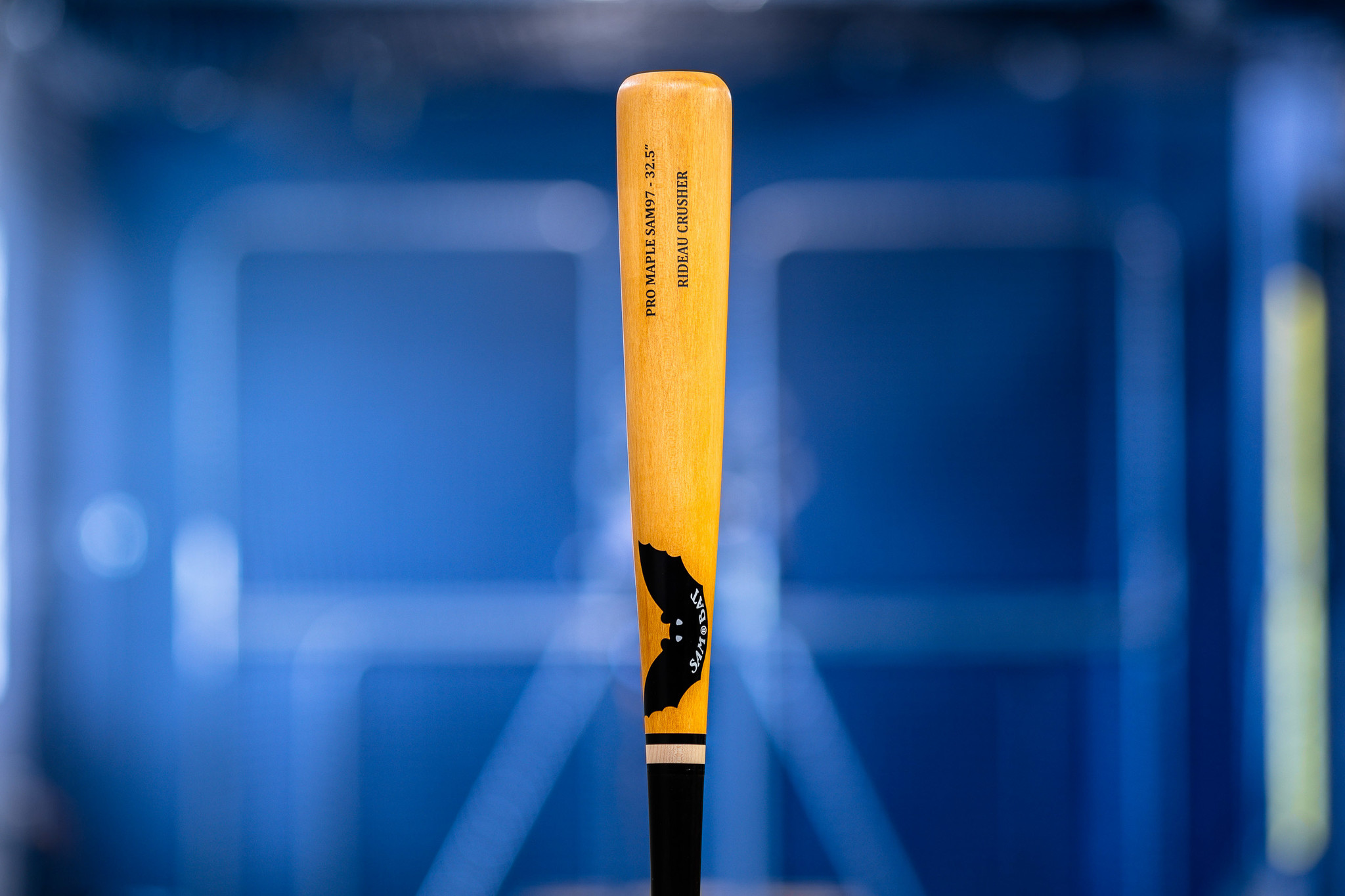 A Sam Bat standing vertical floating in the air in front of a blurred out batting cage background.