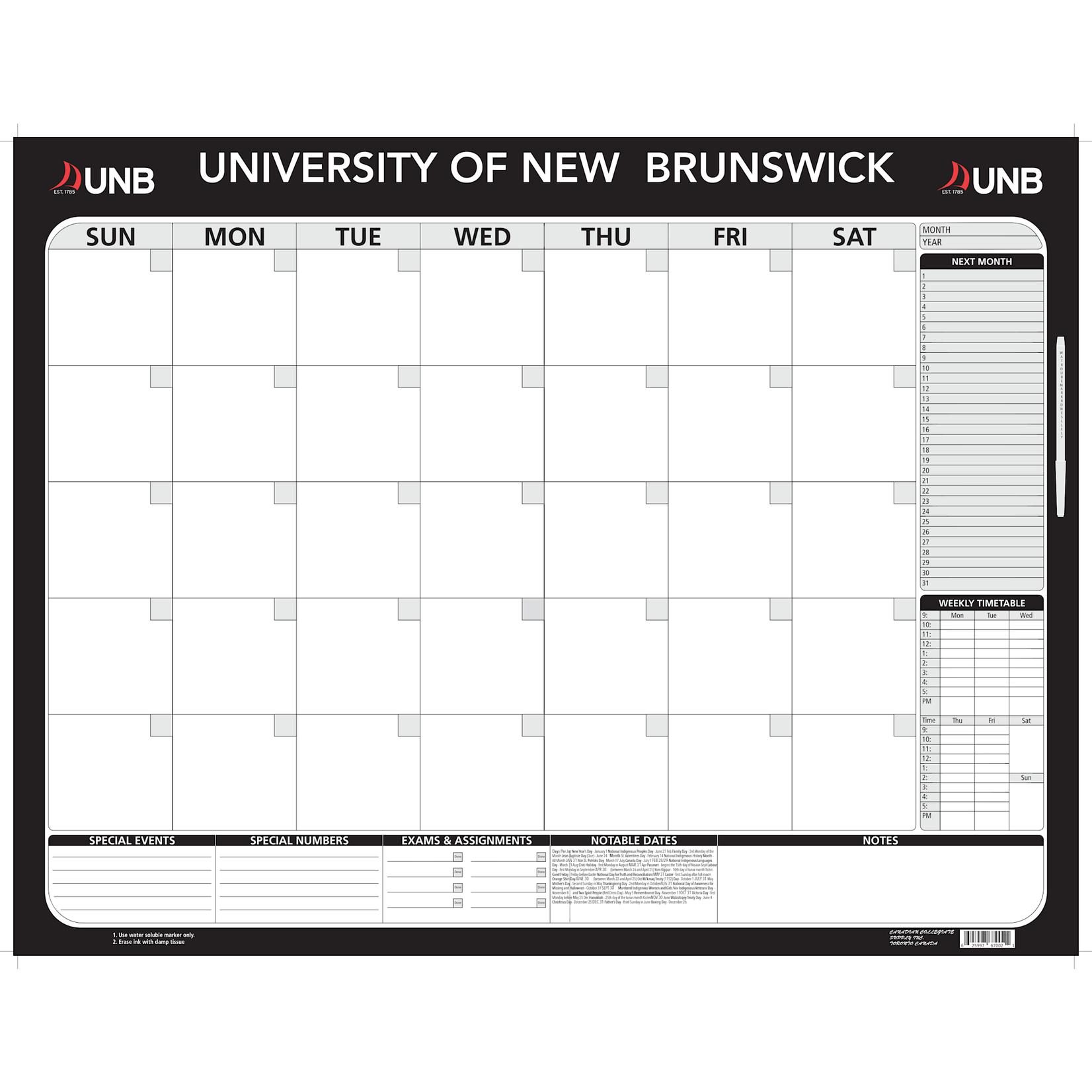 UNB 1 & 4 Month Dry-Erase Calendar