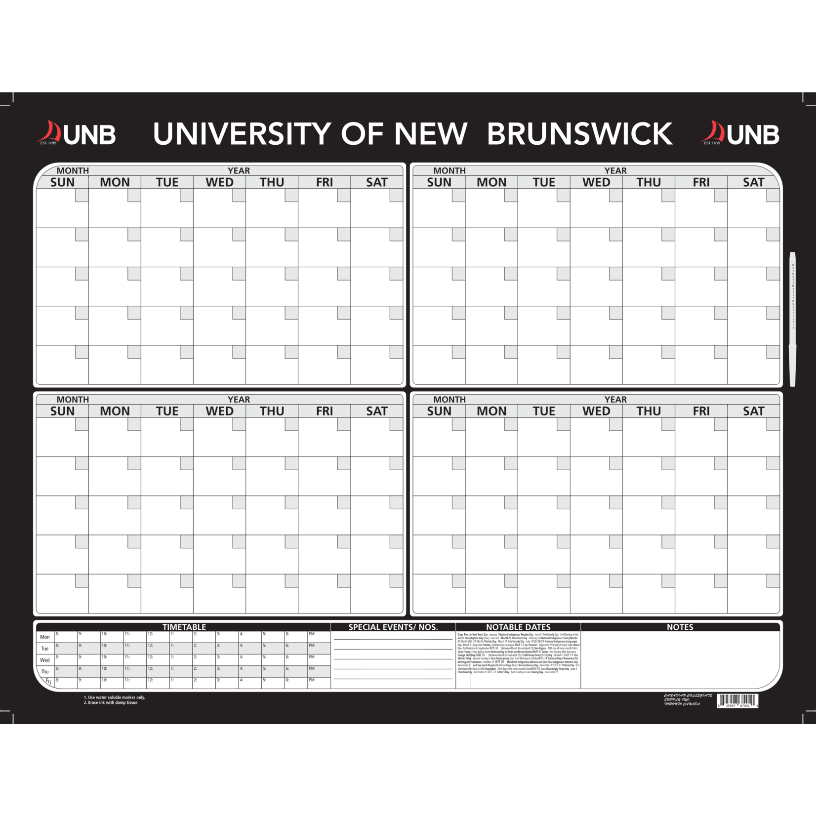 UNB 1 & 4 Month Dry-Erase Calendar