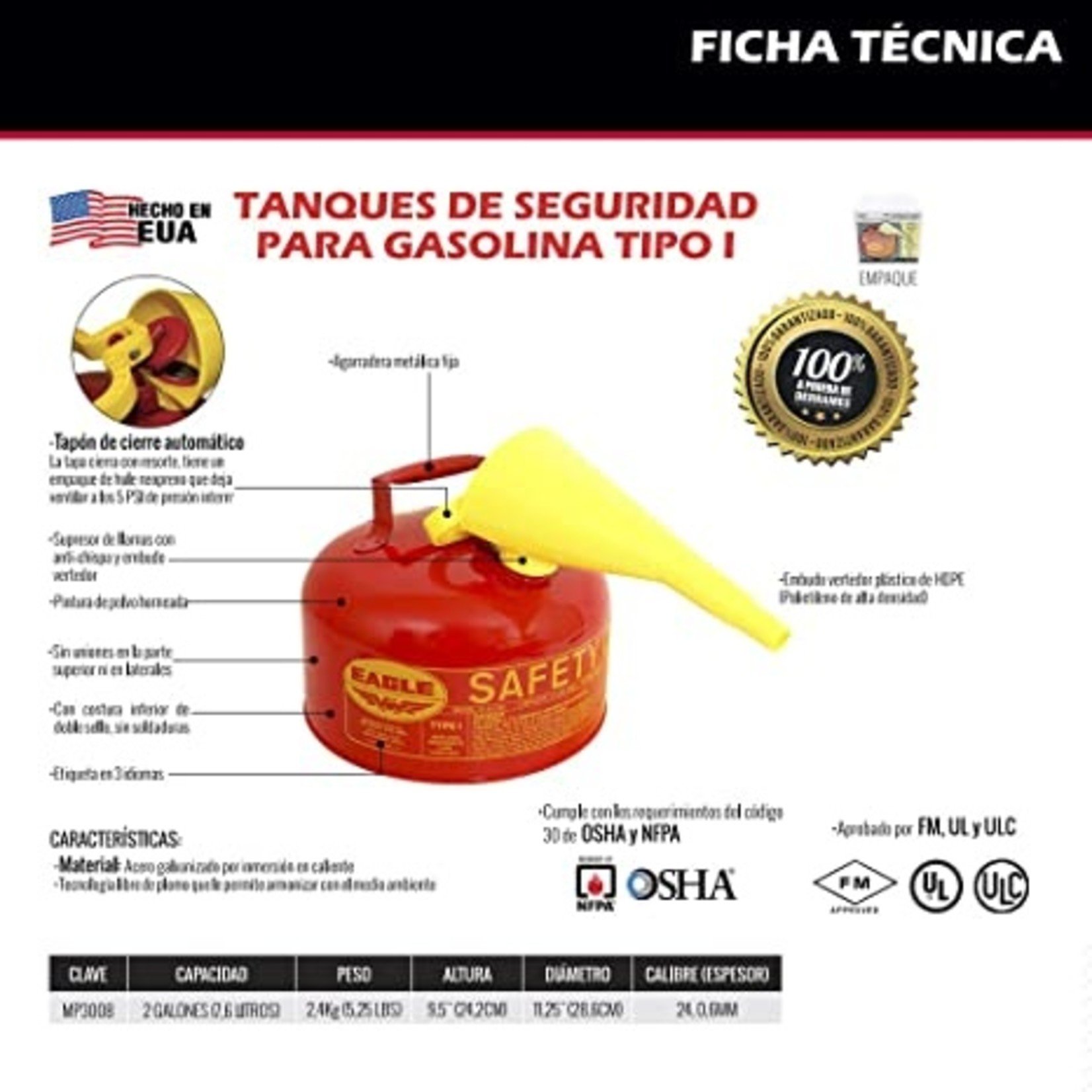 Eagle UI-50-FSY Red Galvanized Steel Type 1 Gasoline Safety Can with Funnel, 2 Gallon Capacity