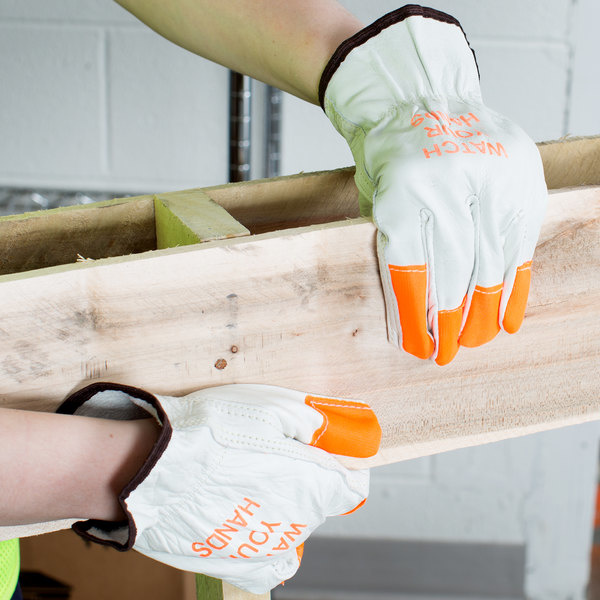 Ironwear "Watch Your Hands" White/Fluorescent Orange Cowhide Gloves 12 Pack (4195B)