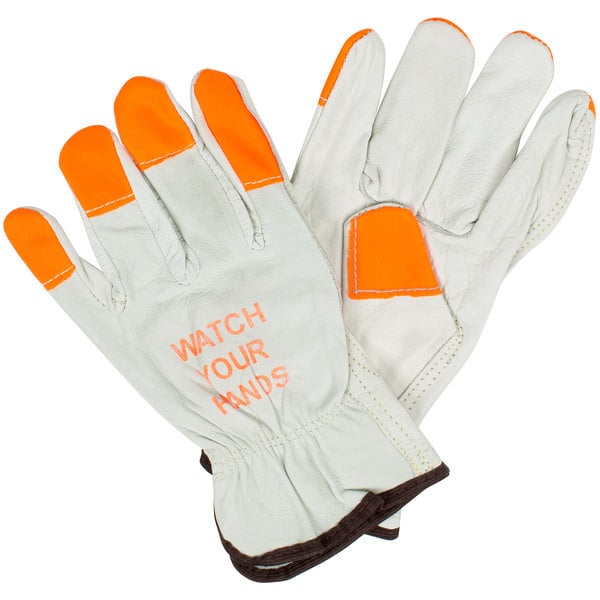 Ironwear "Watch Your Hands" White/Fluorescent Orange Cowhide Gloves 12 Pack (4195B)