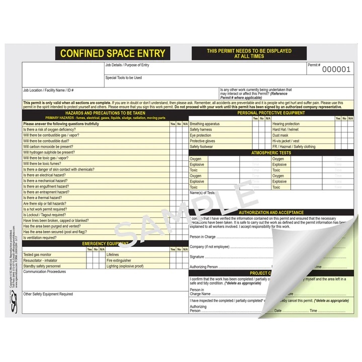 SG World USA WP3CS-US - Confined Space Work Permits - 3-Part Form with Confined Space Danger Sign on Back (Pack of 10)