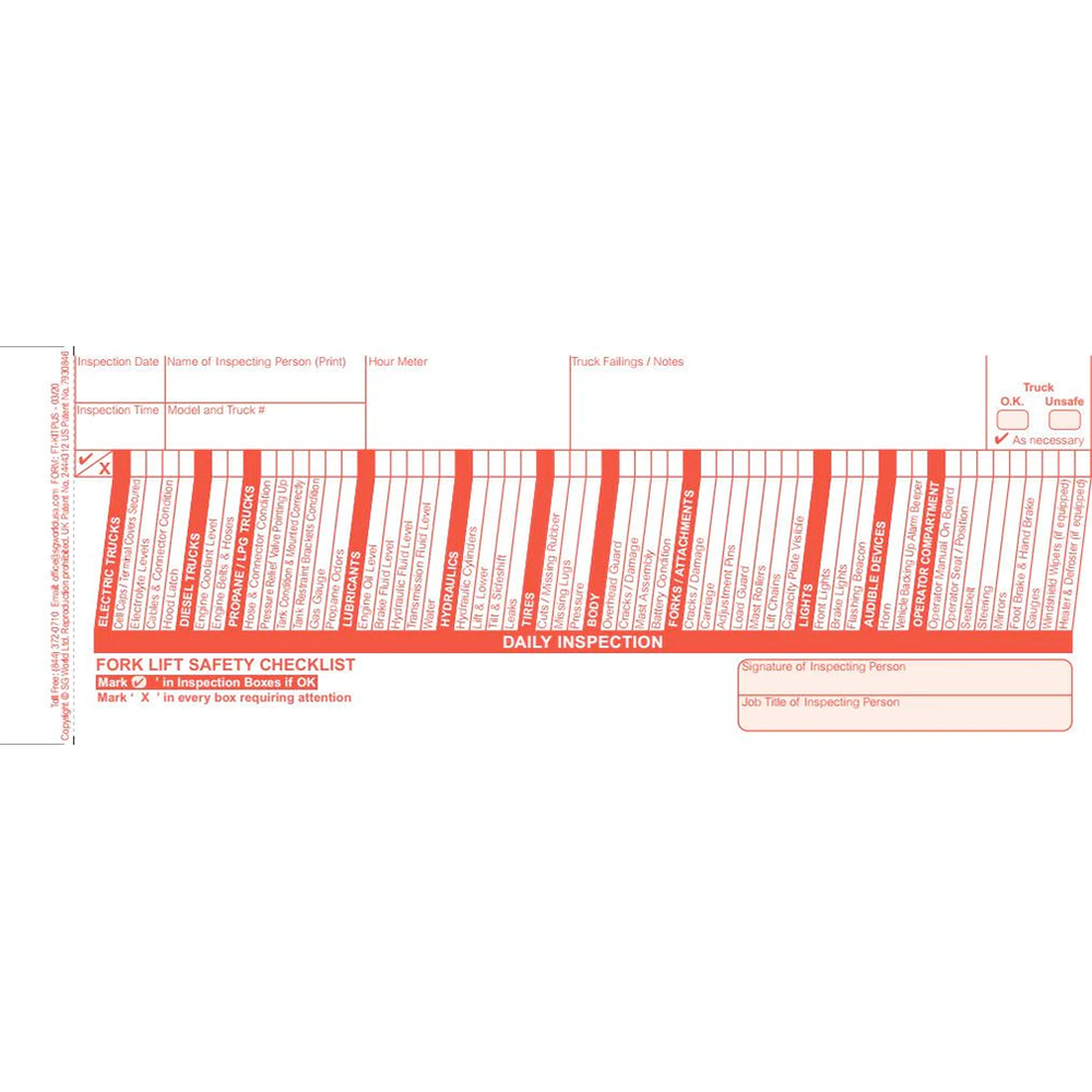 SG World USA FT-KITPUS - Forklift Inspection Book Includes 30 Inspection Forms (2-Part Forms)