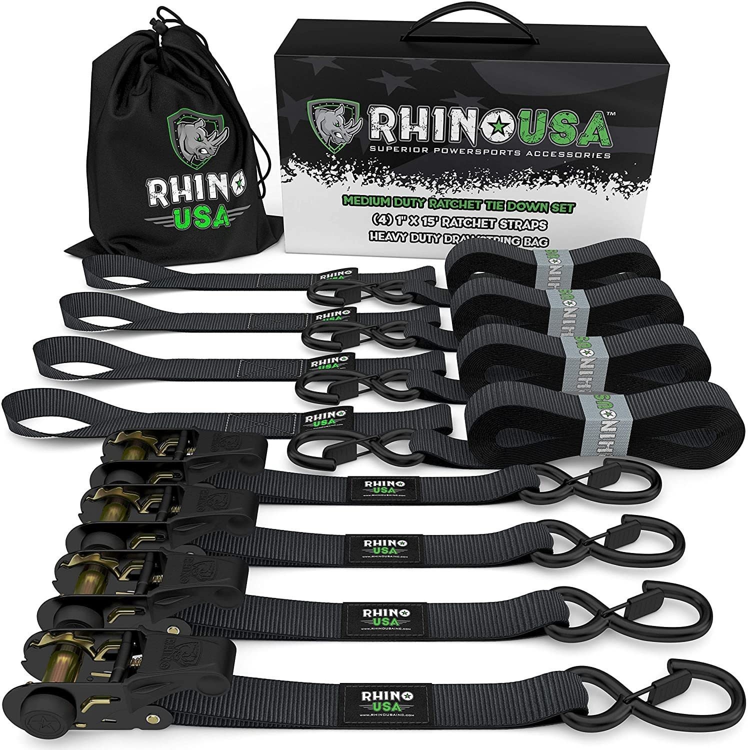 RHINO USA GMG-R1-4PACK:  1" x 15' Ratchet Tie-Down Set (4-Pack)