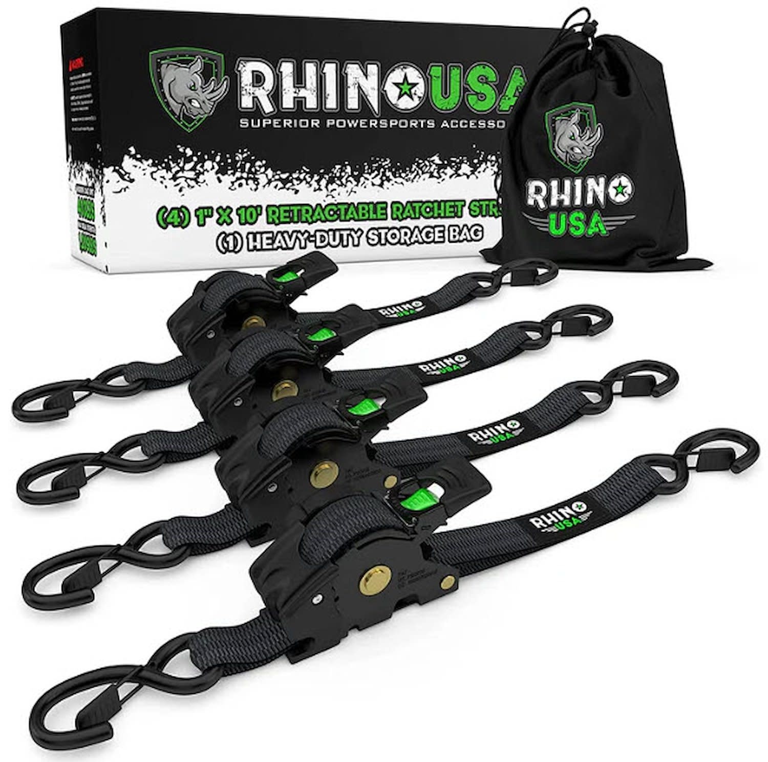 RHINO USA TD-RSRE1X10-BLK-R:   Rhino USA Retractable Ratchet Straps [1 in. x 10 ft., Black, Set of 4]