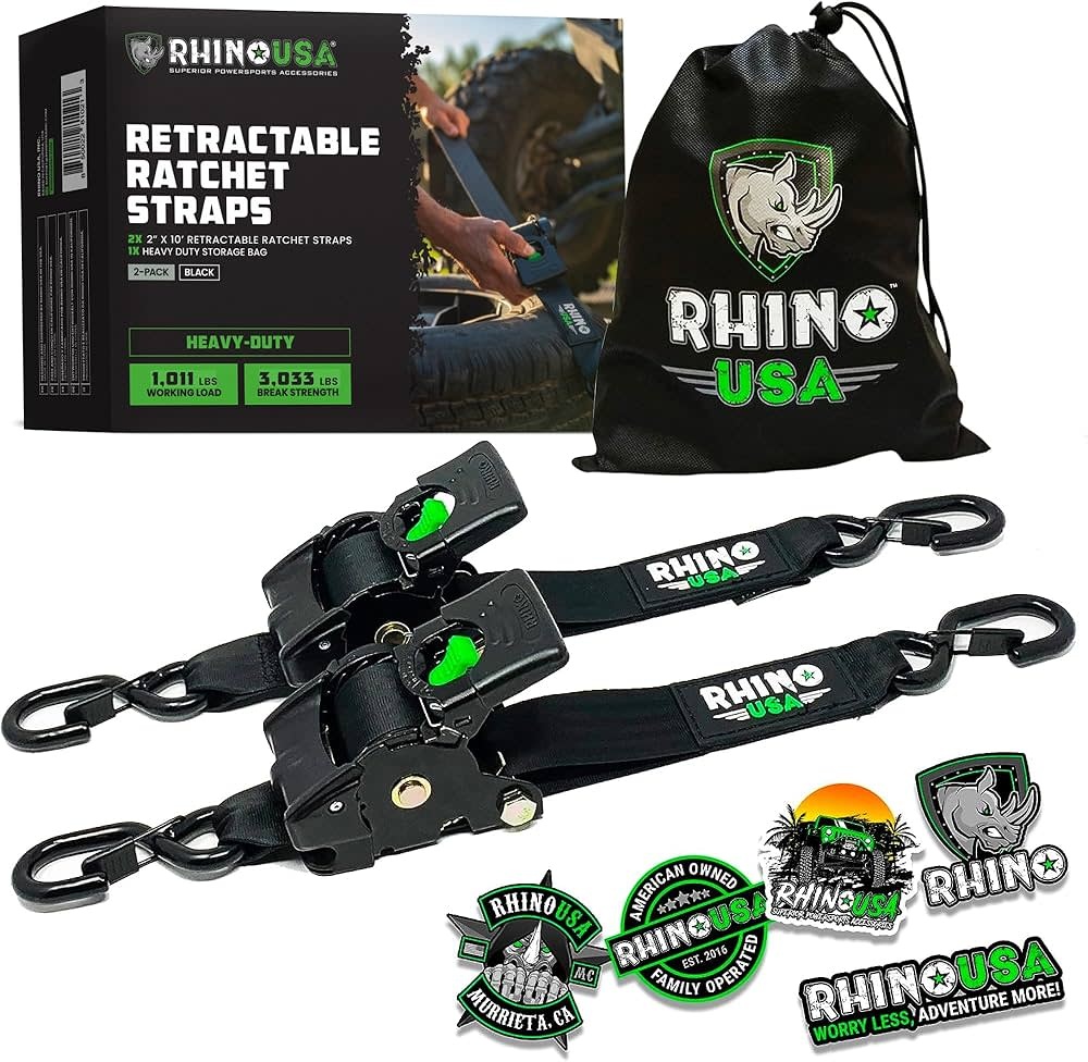 RHINO USA TD-RSRE2X10-BLK-R:   Rhino USA Retractable Ratchet Straps [2 in. x 10 ft., Black, Set of 2]