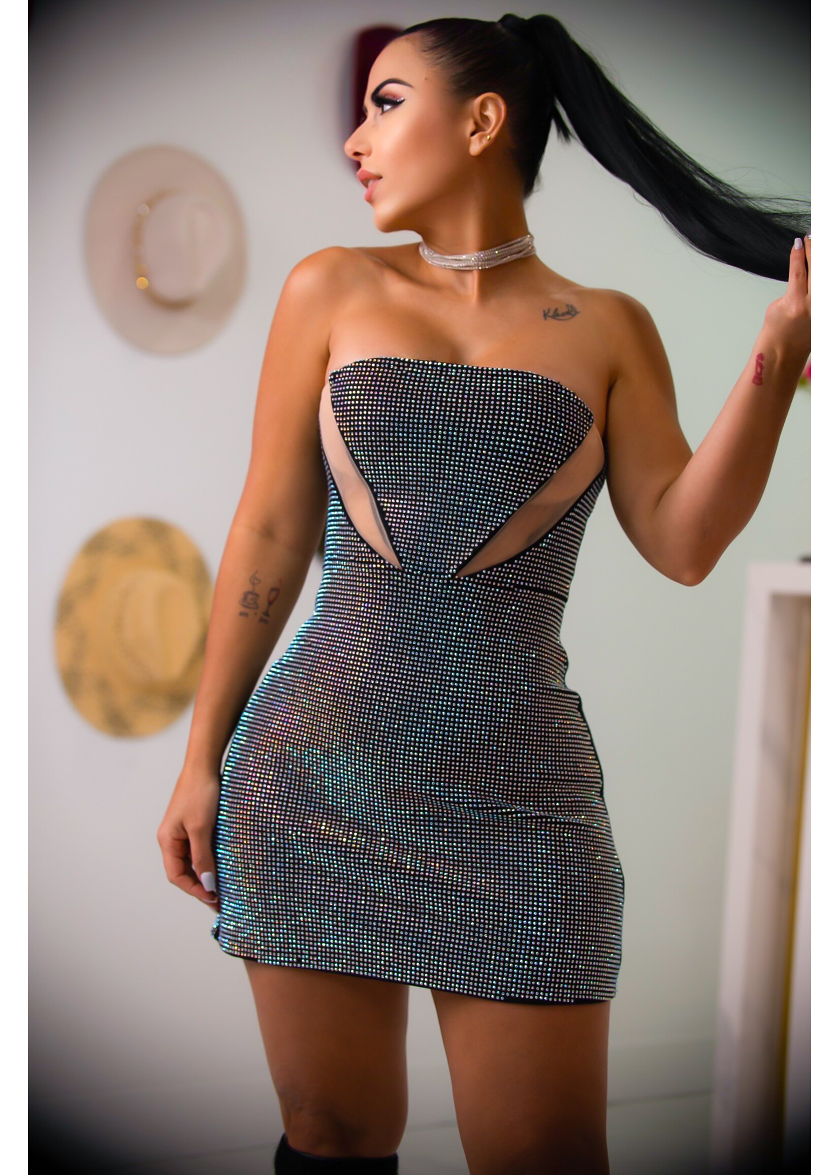 Rhinestone Strapless Mini Night  Dress