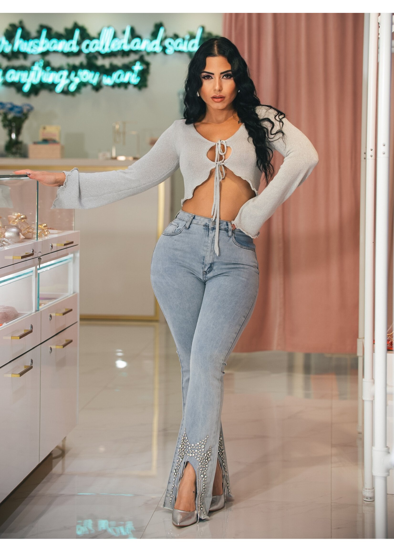 Highwaist Jeans w/Diamonds Details