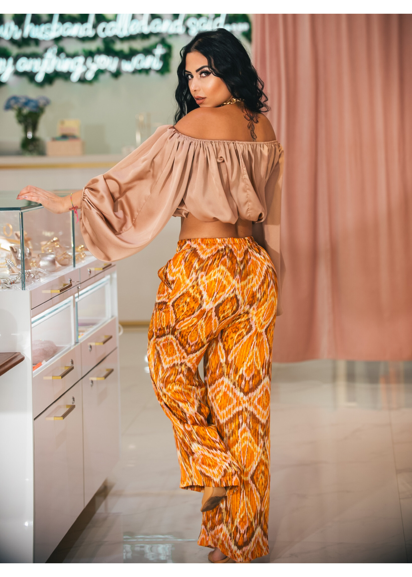 Off Shoulder Satin Balloon Top