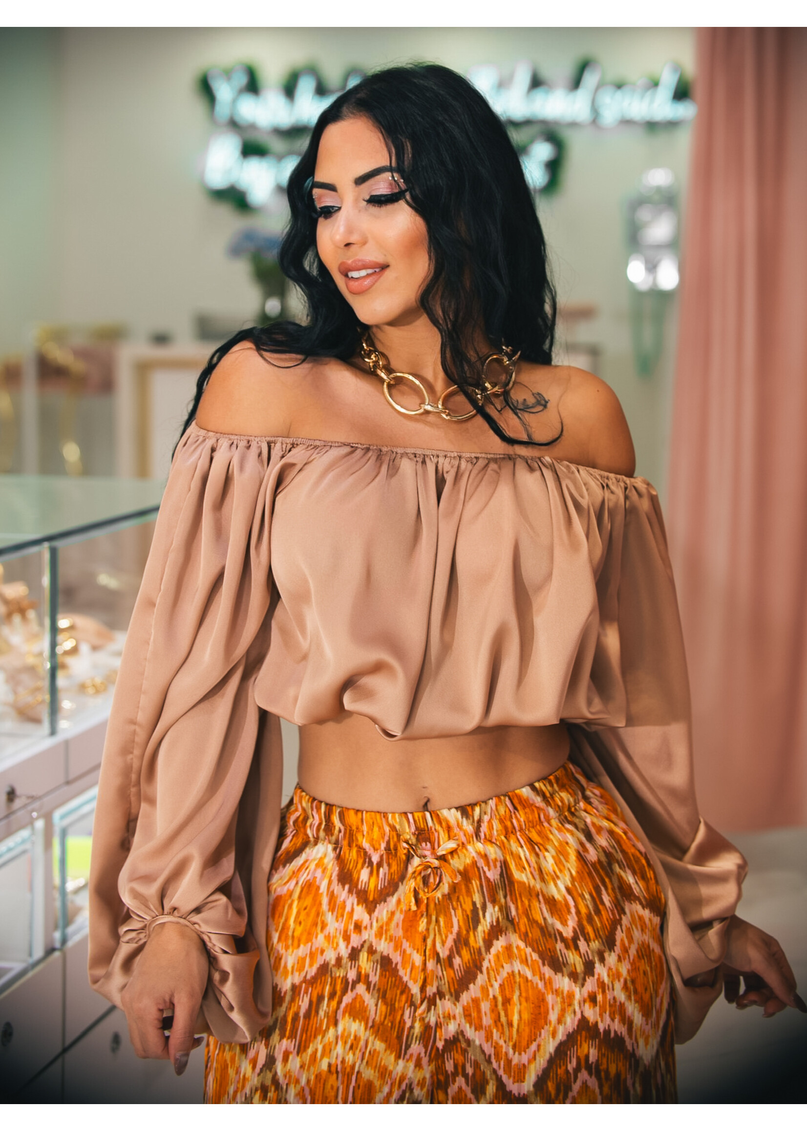 Off Shoulder Satin Balloon Top