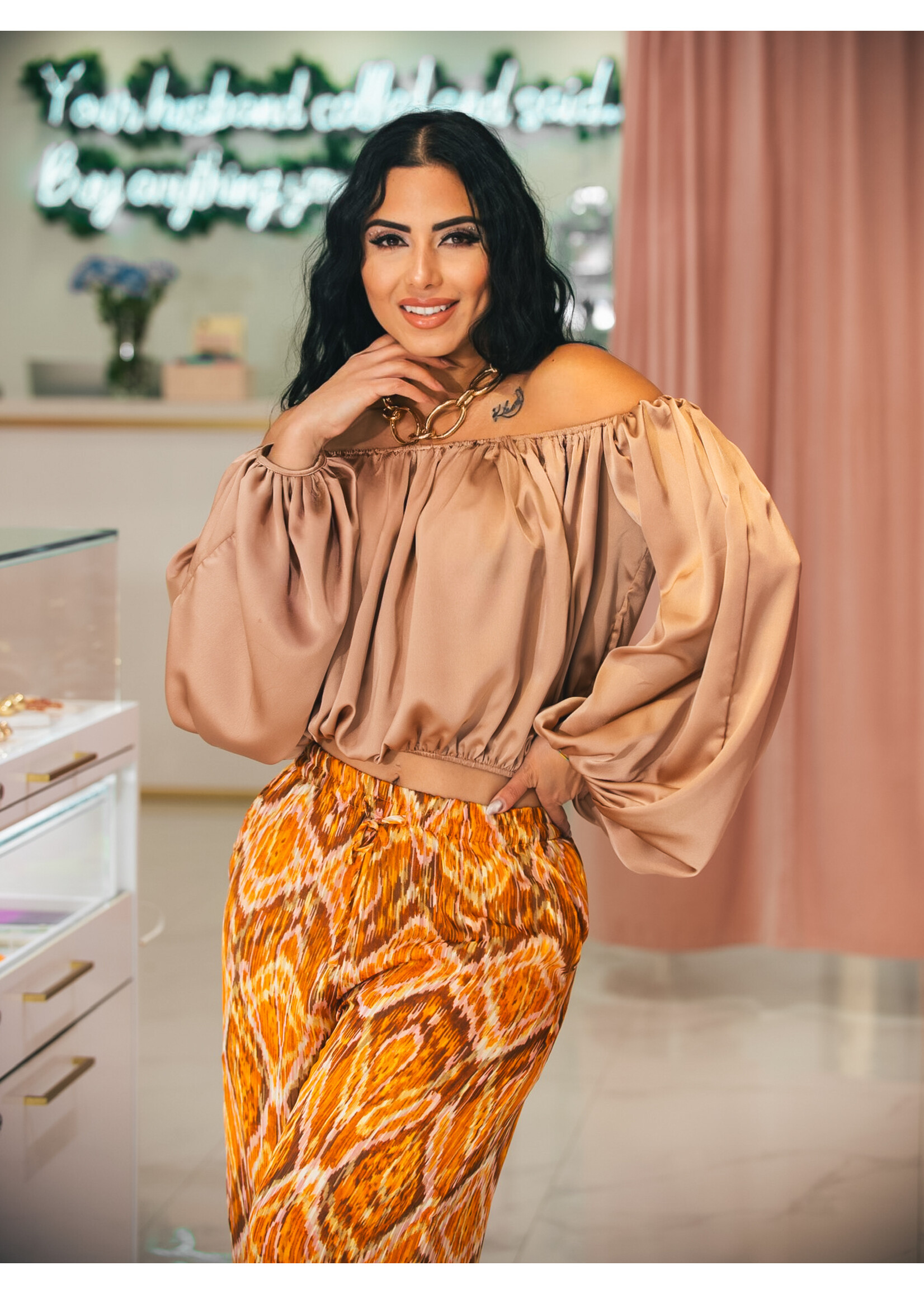 Off Shoulder Satin Balloon Top