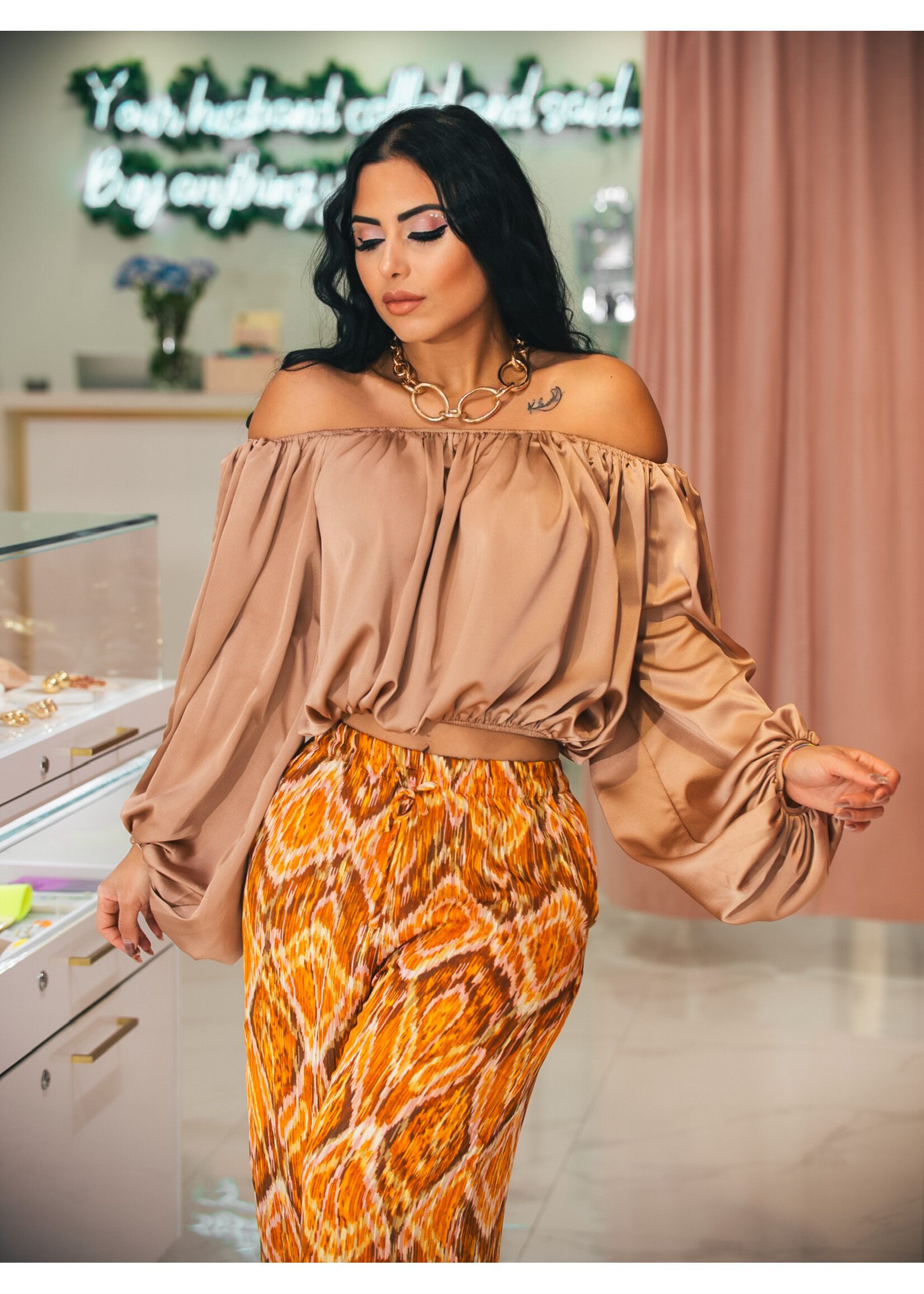 Off Shoulder Satin Balloon Top