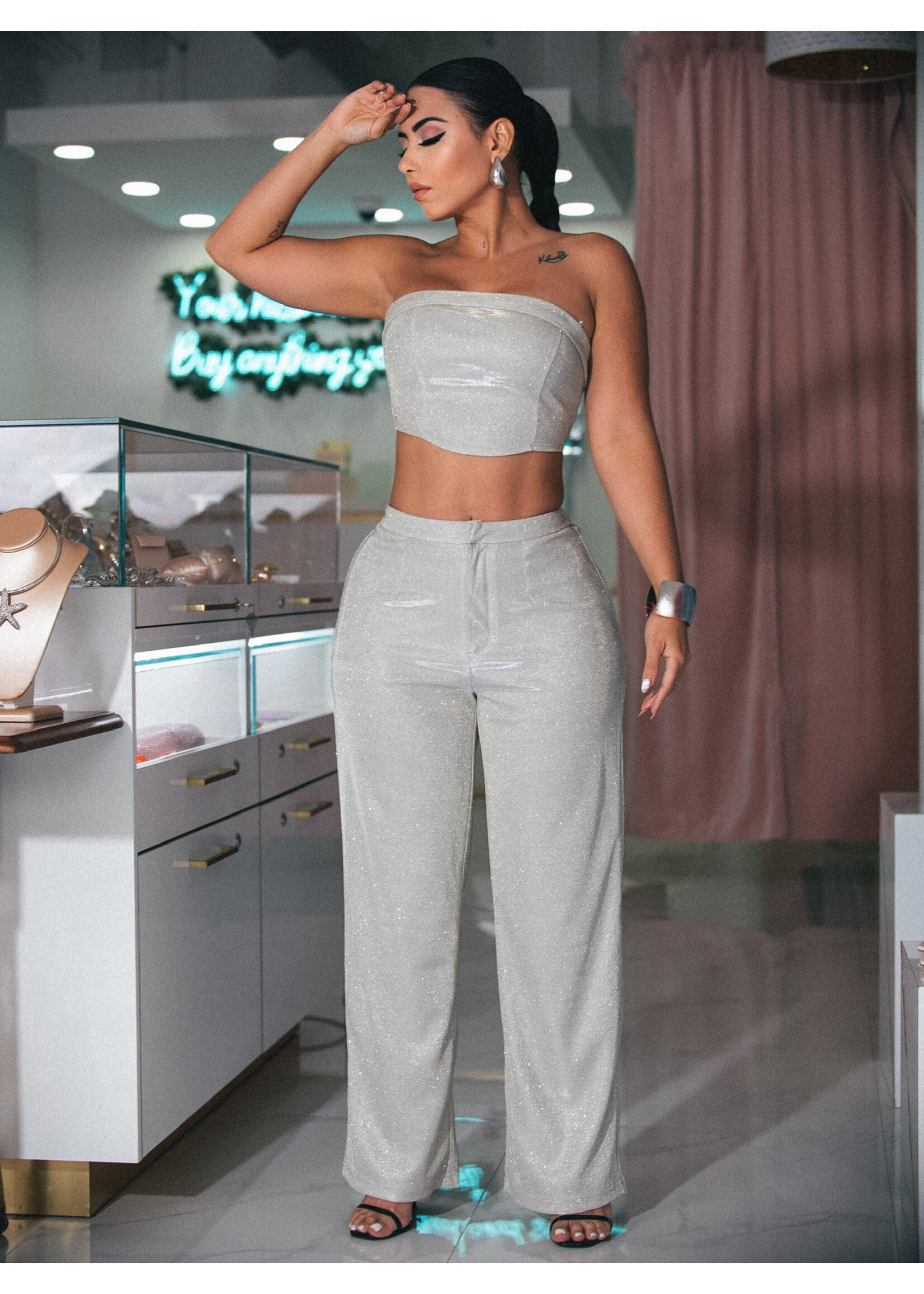 Glittering Crop Top & Pants Set