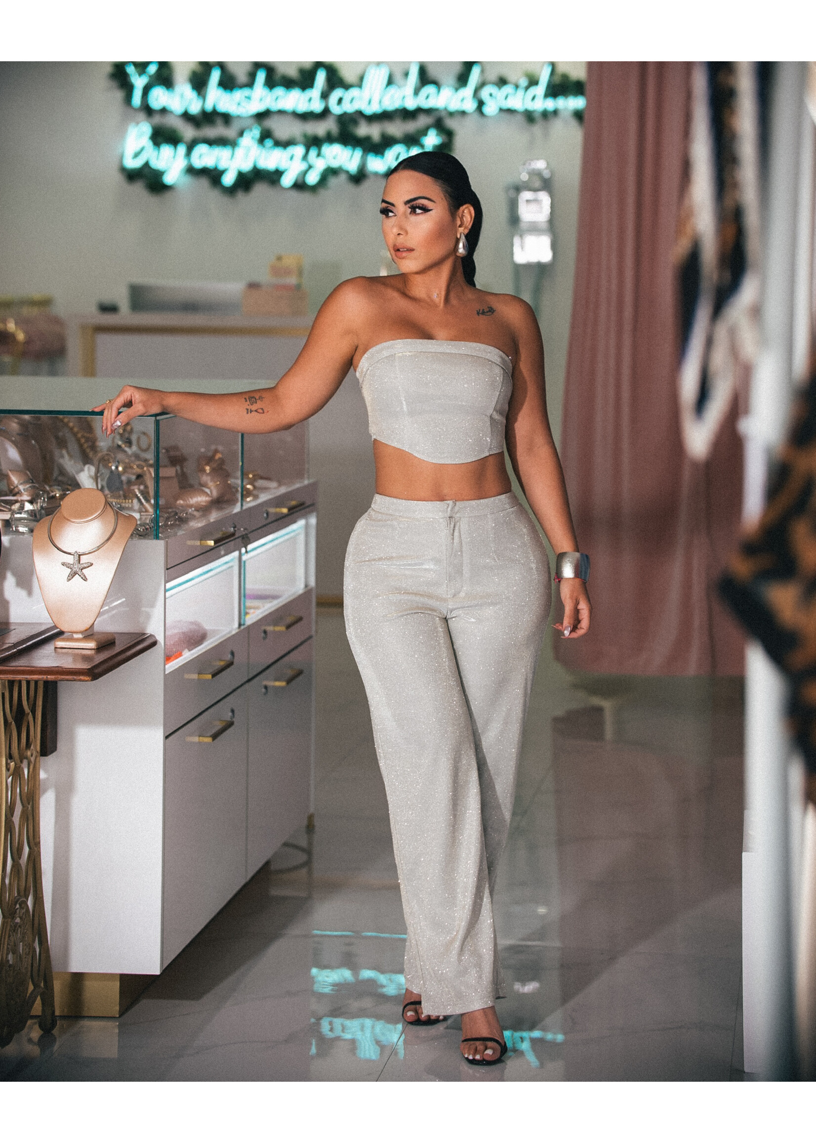 Glittering Crop Top & Pants Set