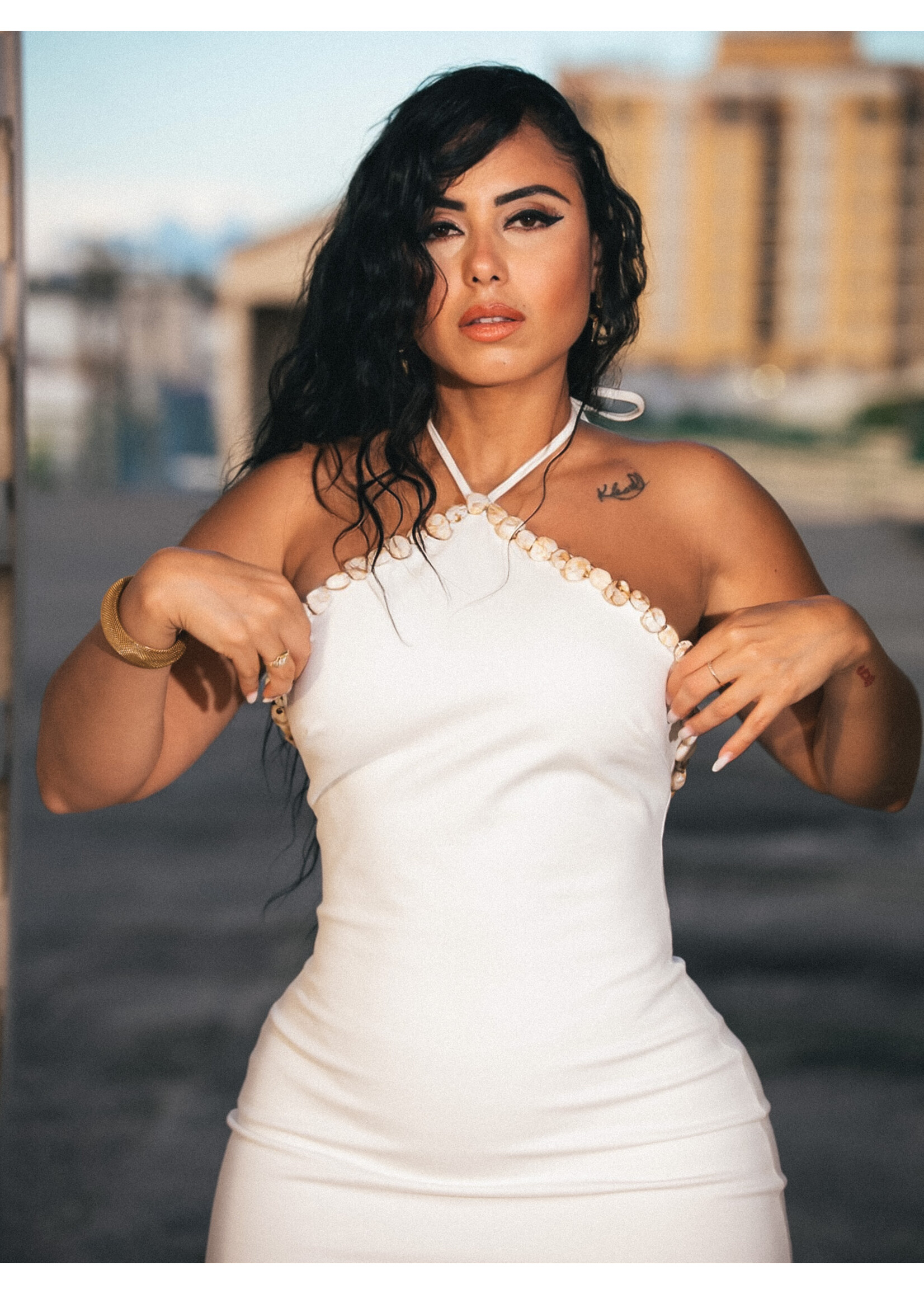 Shell Details Halter Mini Dress