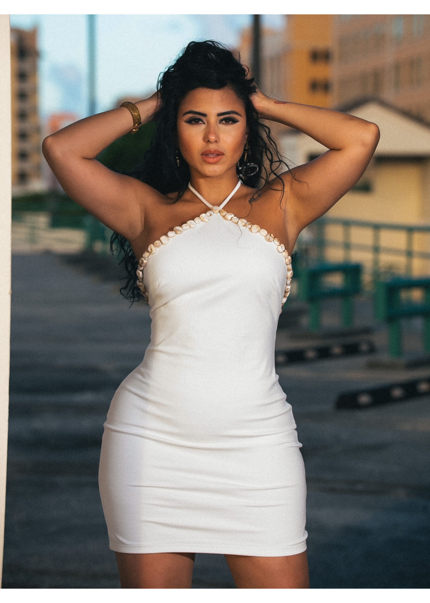 Shell Details Halter Mini Dress