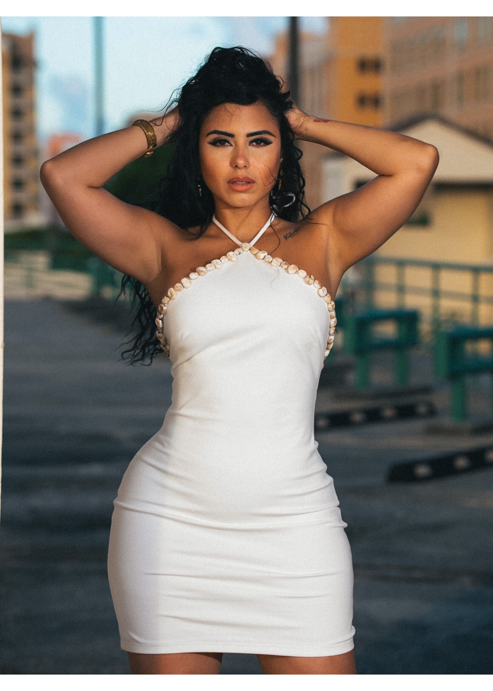 Shell Details Halter Mini Dress