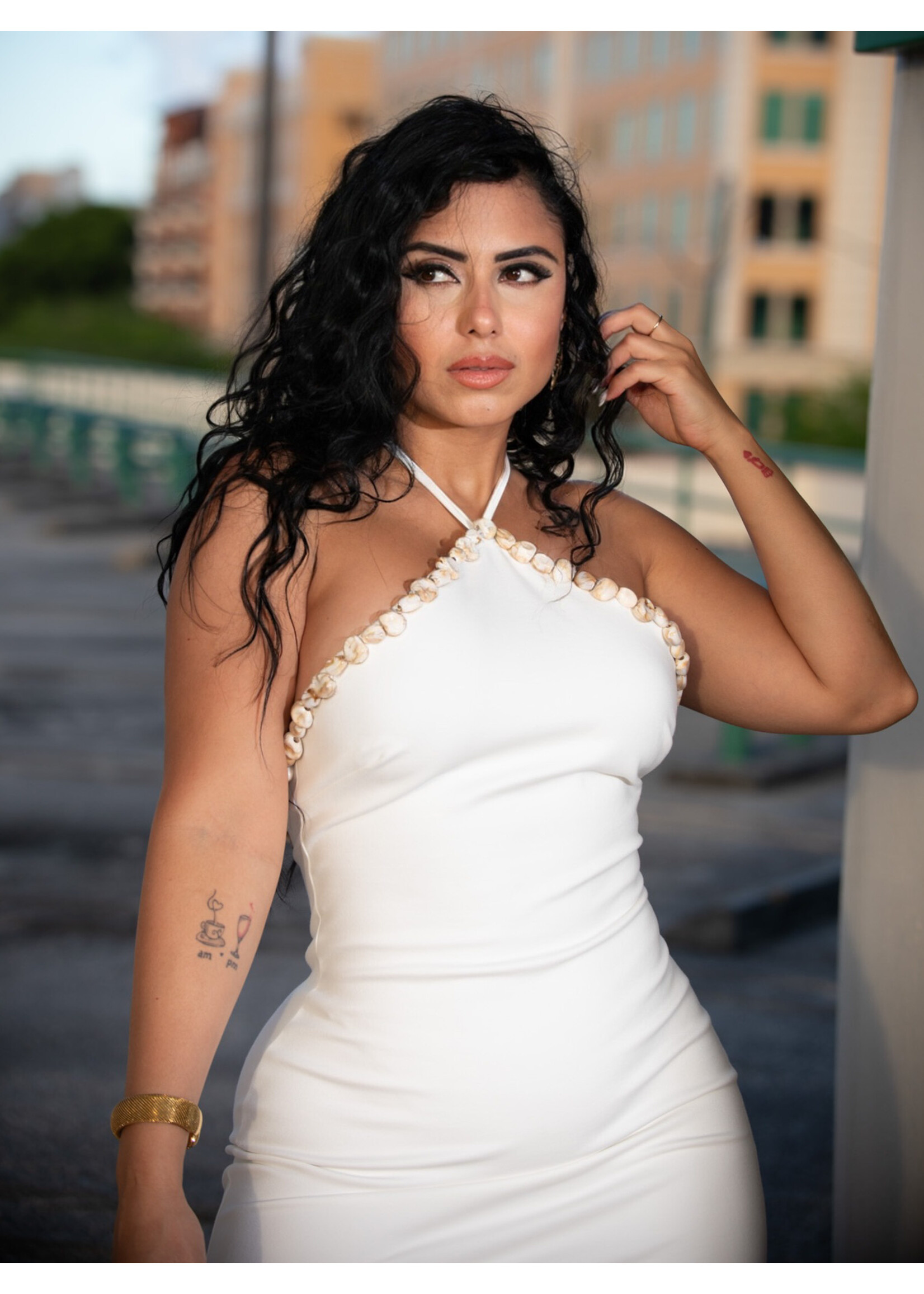 Shell Details Halter Mini Dress