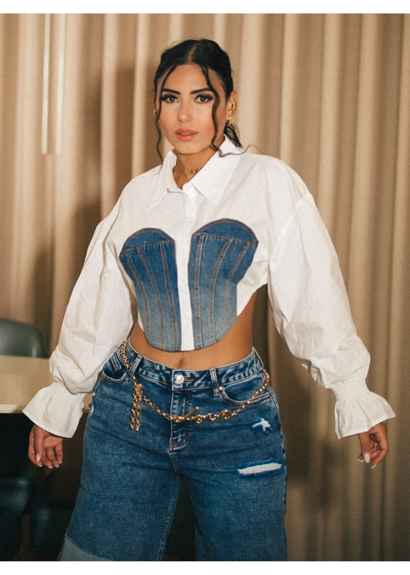 Denim Contrast Crop Shirt