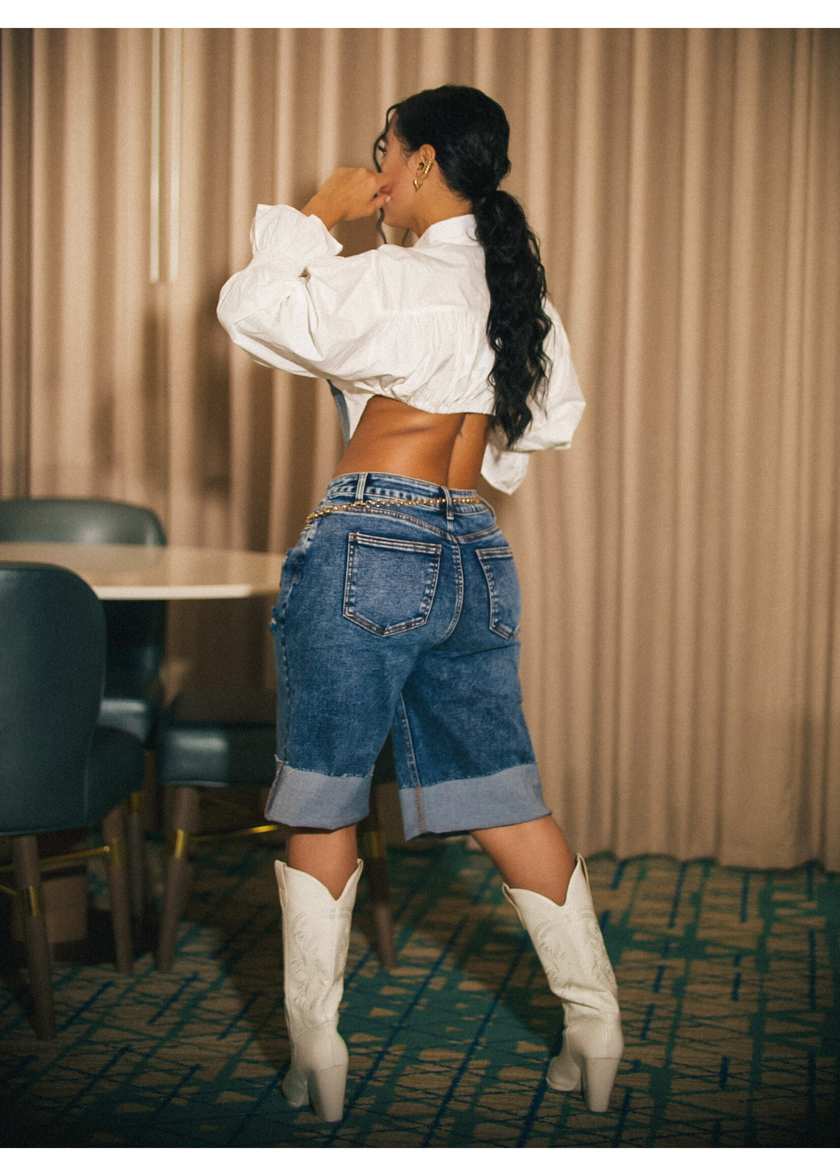 Denim Contrast Crop Shirt