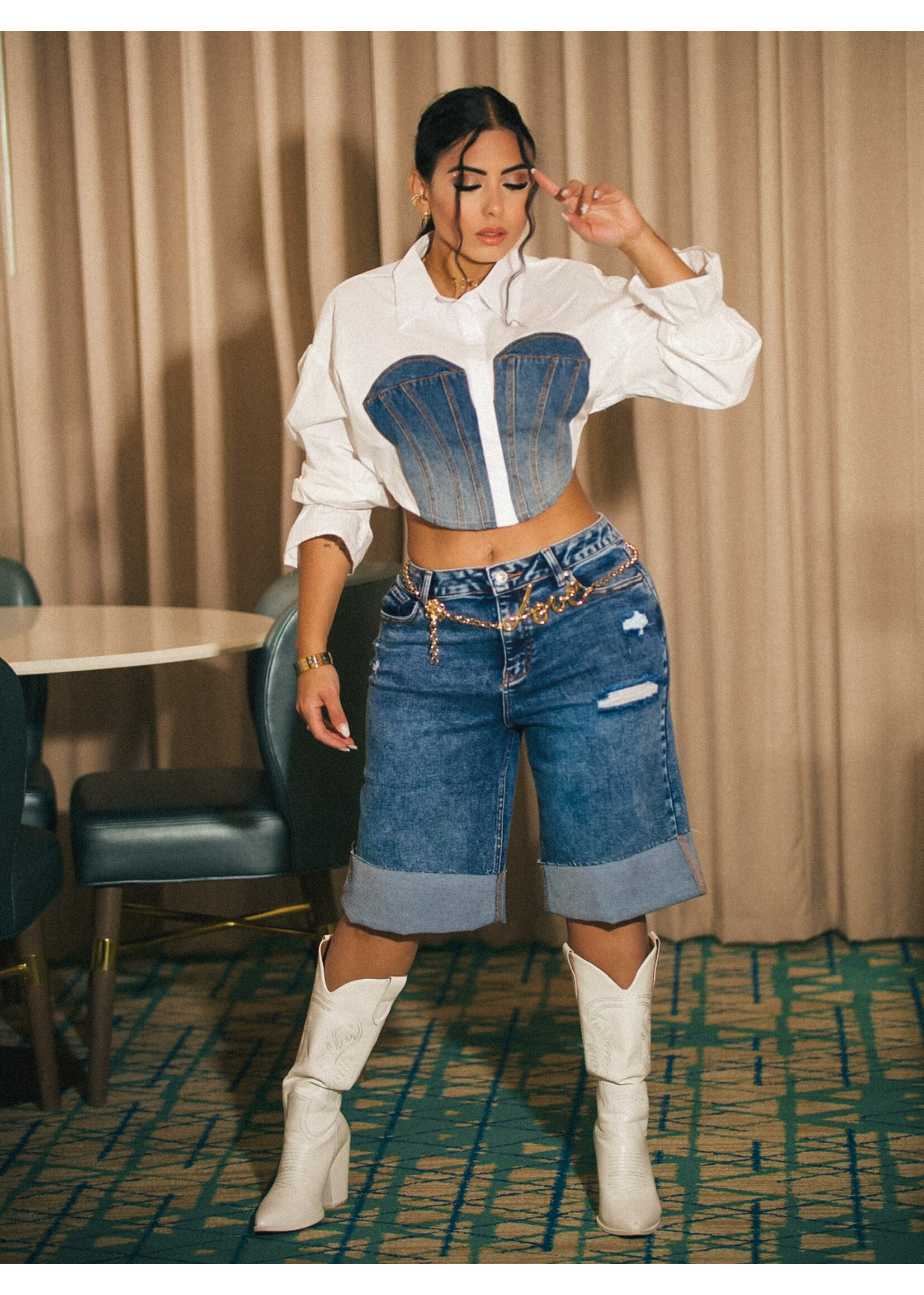 Denim Contrast Crop Shirt