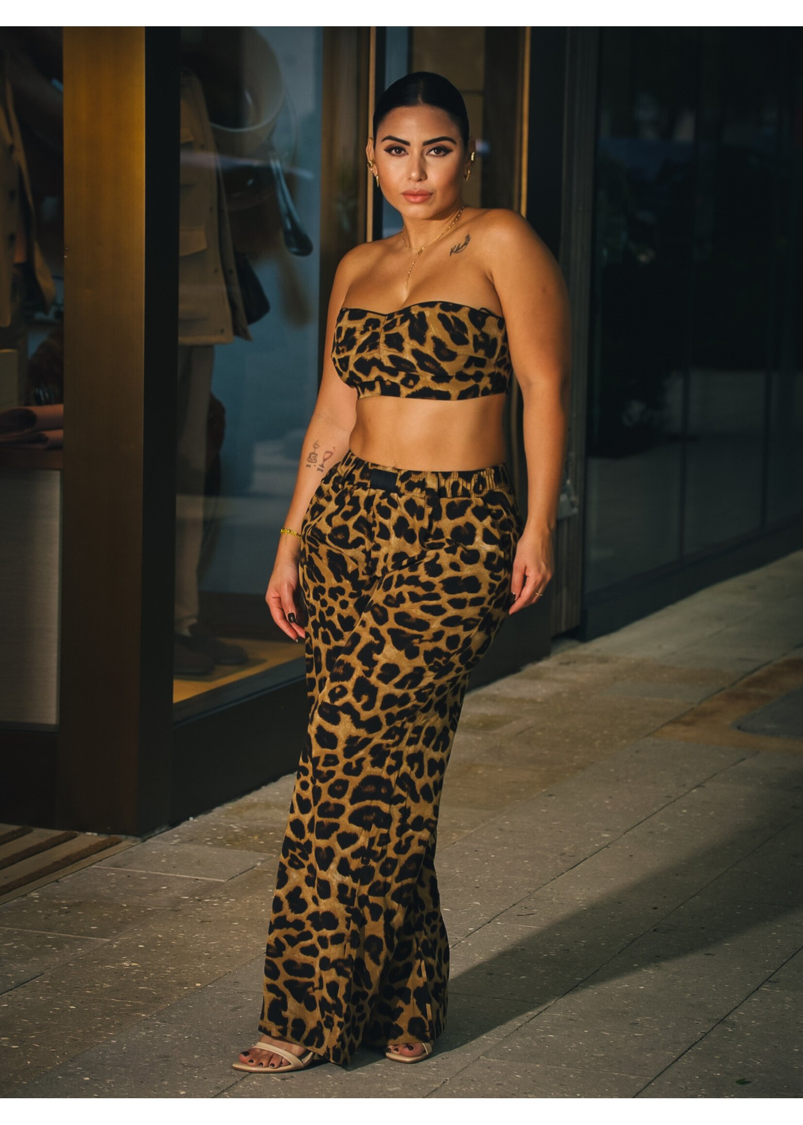 Bold Leopard Print Silk Pant and  Bandeau Set