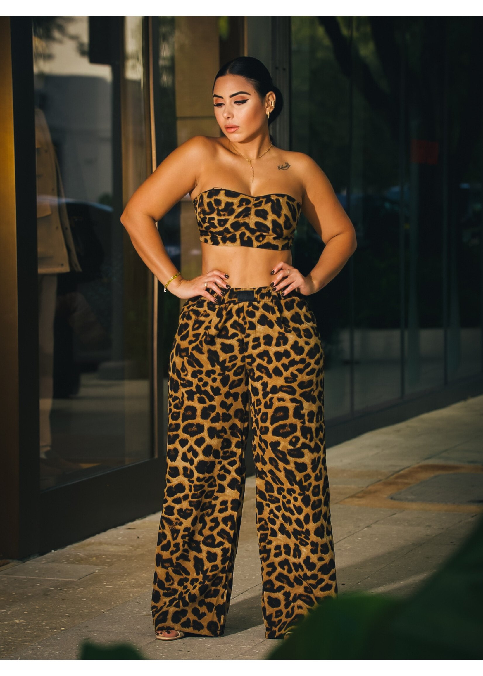 Bold Leopard Print Silk Pant and  Bandeau Set