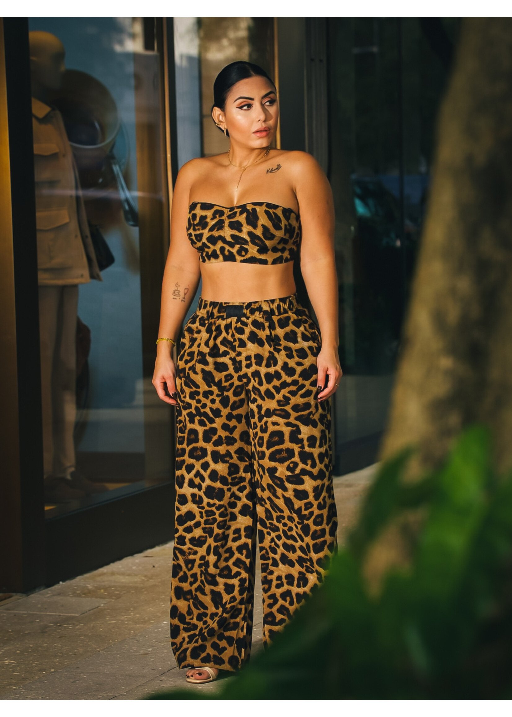 Bold Leopard Print Silk Pant and  Bandeau Set