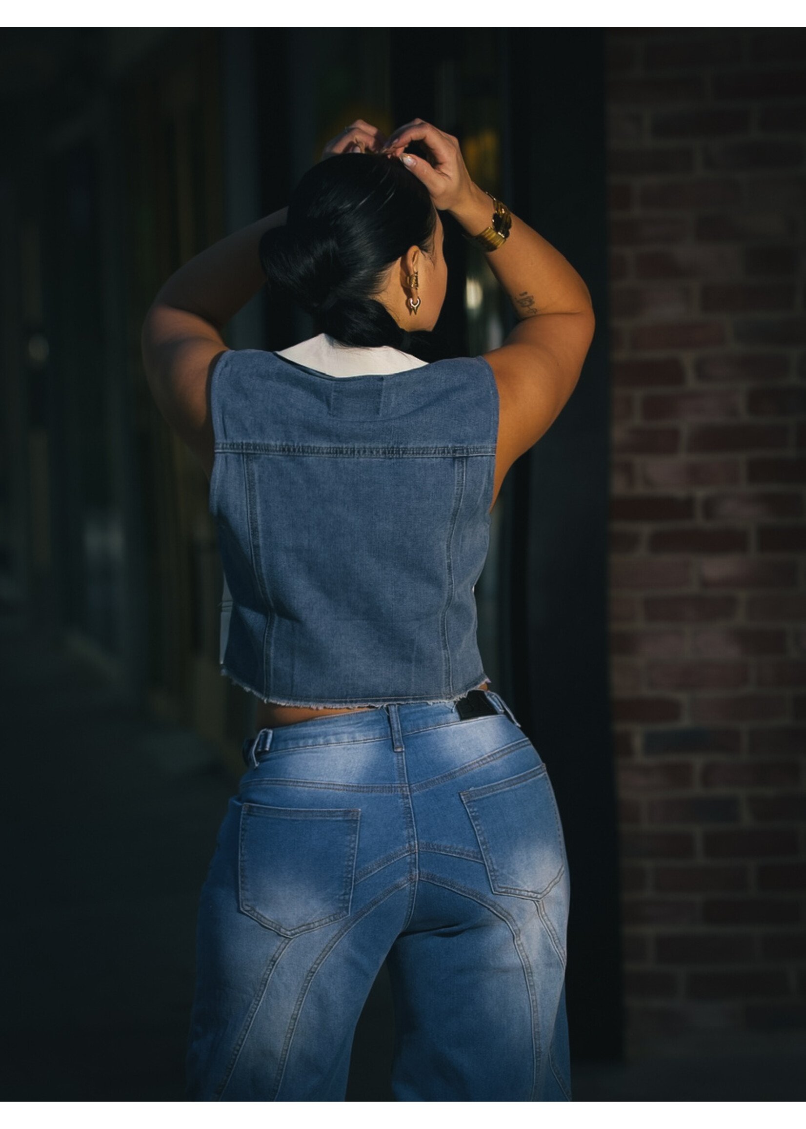 Contrast Denim and Woven Vest