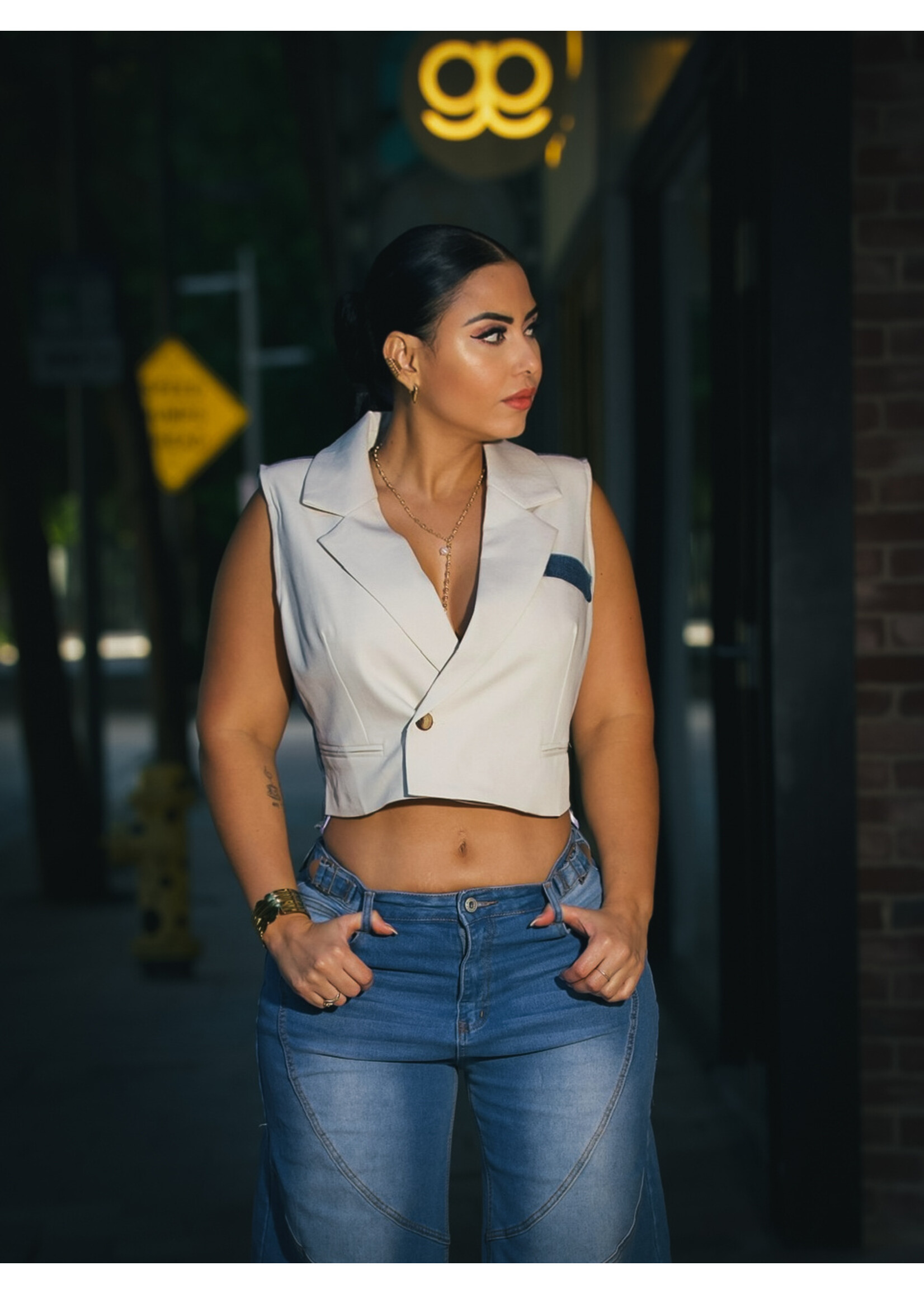 Contrast Denim and Woven Vest