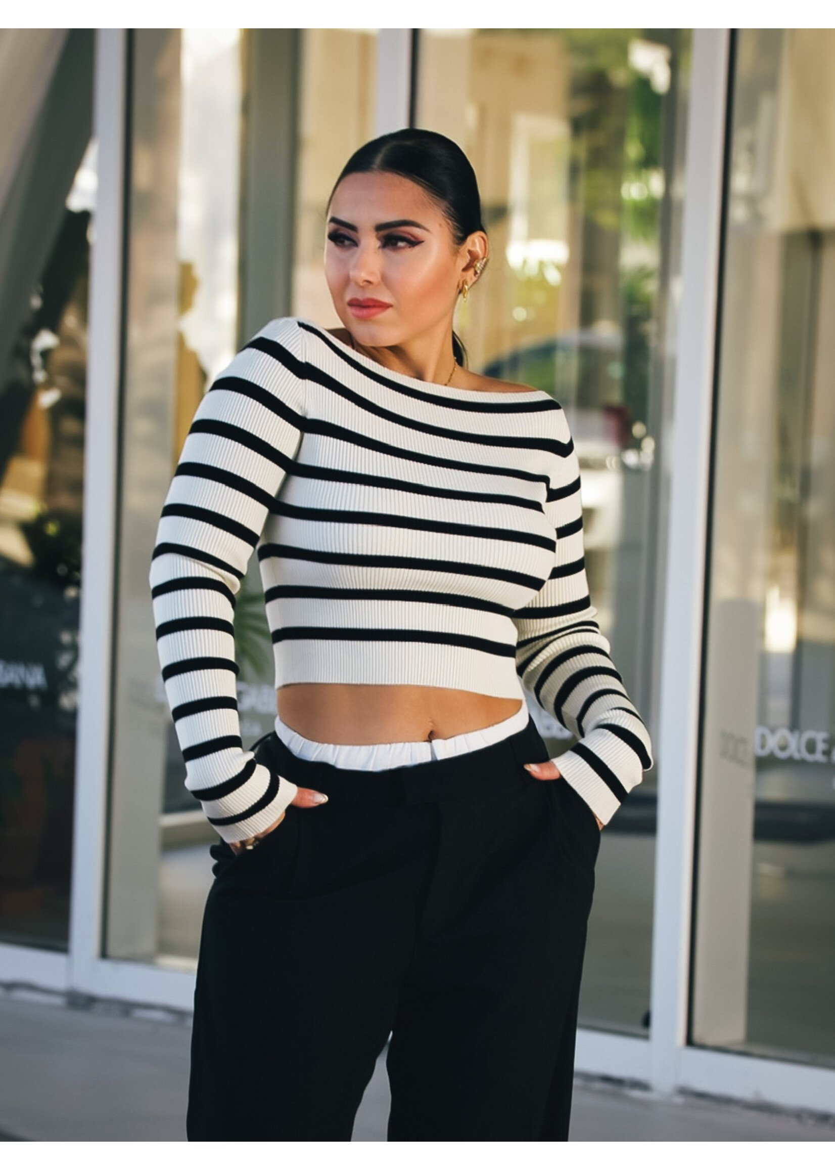 Striped Ribbed  Cropped Knit Top