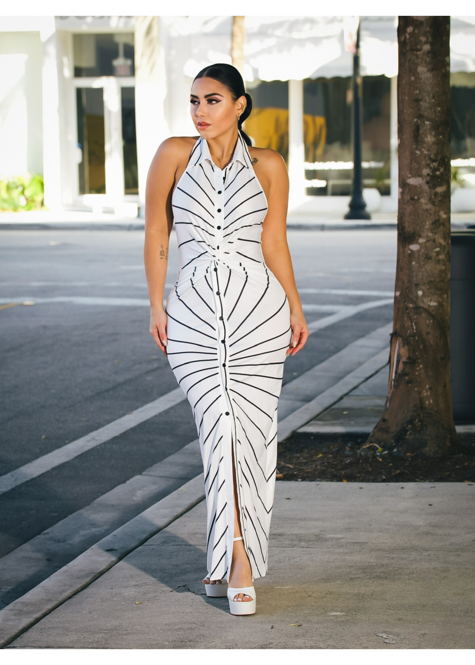Mccolin Halter Neck Striped Evening Dress