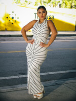 Mccolin Halter Neck Striped Evening Dress