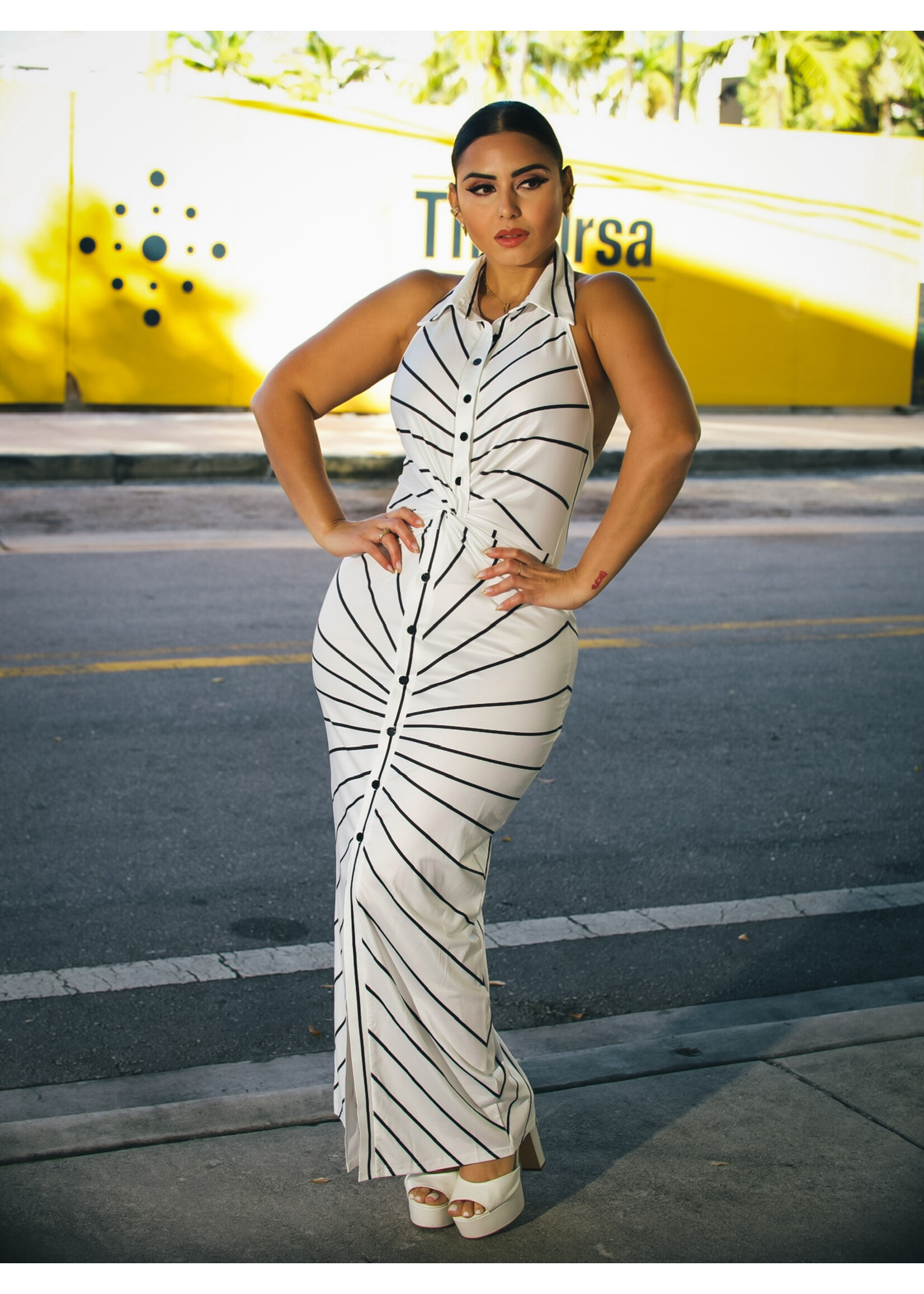 Mccolin Halter Neck Striped Evening Dress