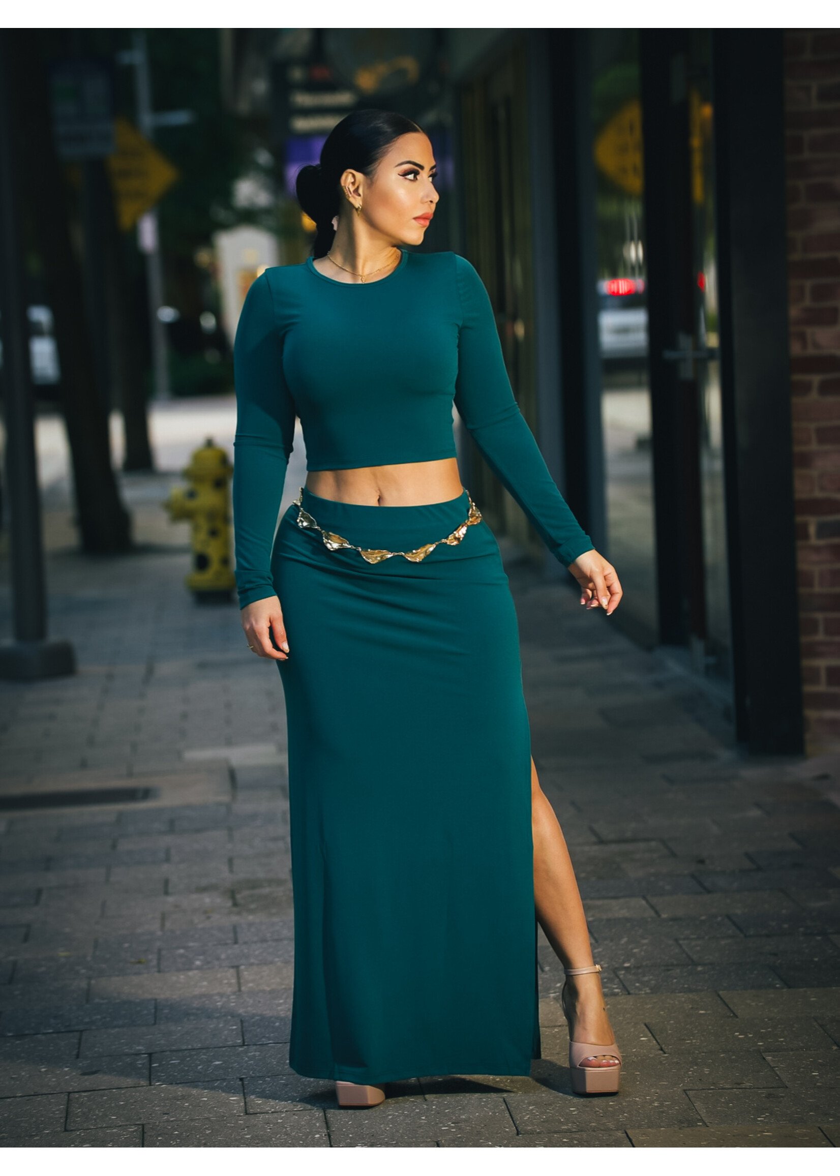 Long Sleeve Crop Top & Slit Maxi Skirt Set