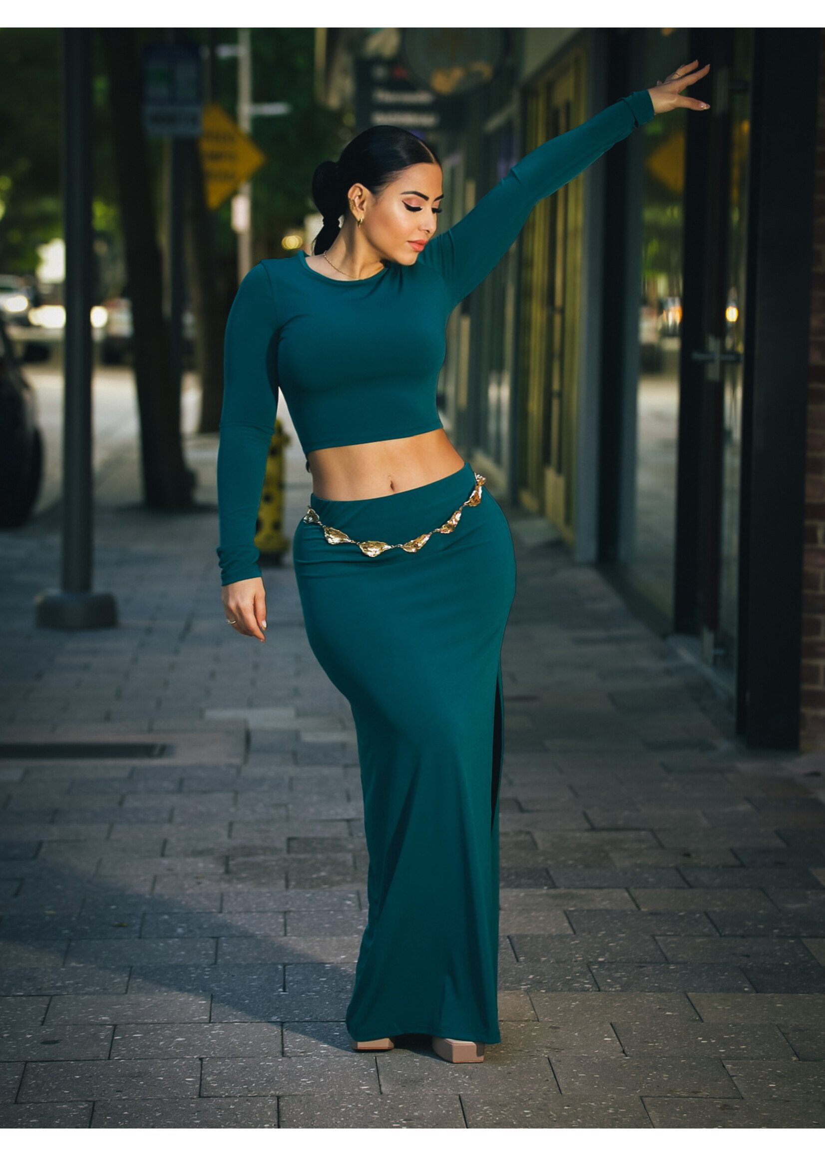 Long Sleeve Crop Top & Slit Maxi Skirt Set