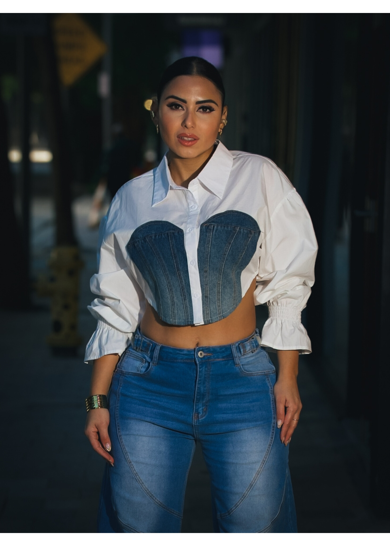 Denim Contrast Crop Shirt