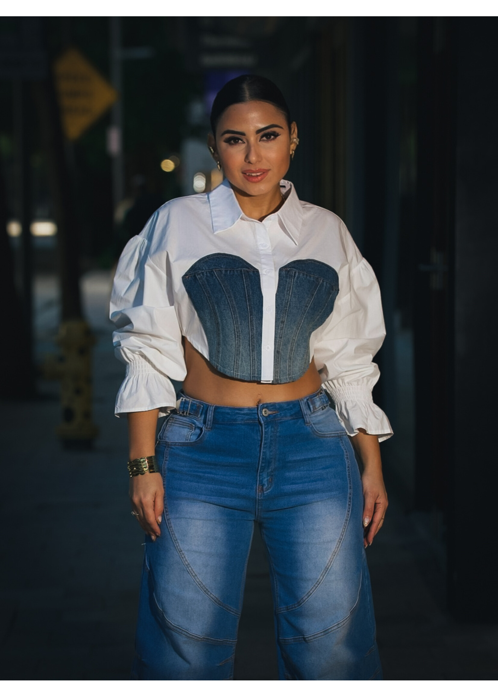 Denim Contrast Crop Shirt