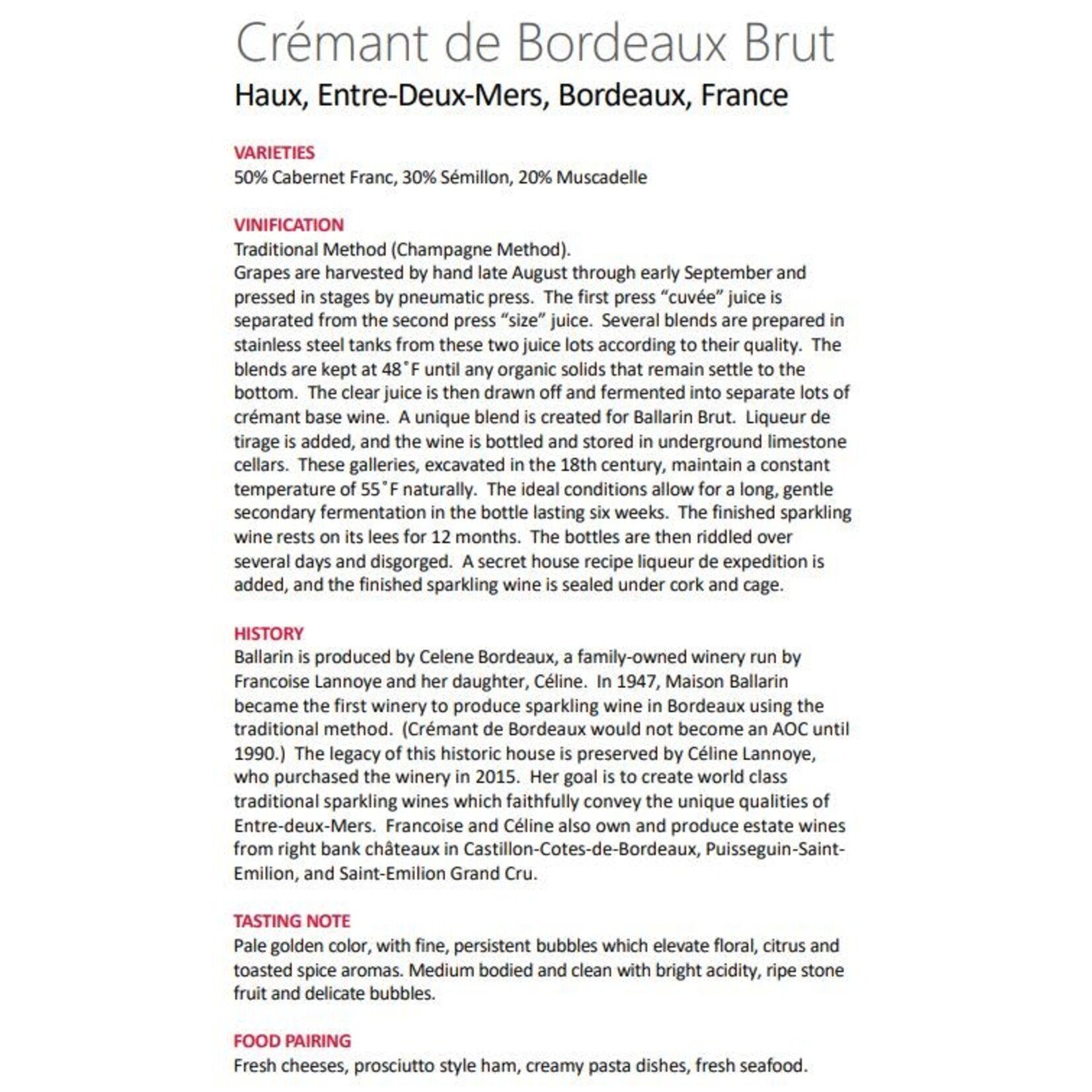 ballarin Ballarin Cremant de Bordeaux Brut Entre-Deux-Mers Bordeaux France