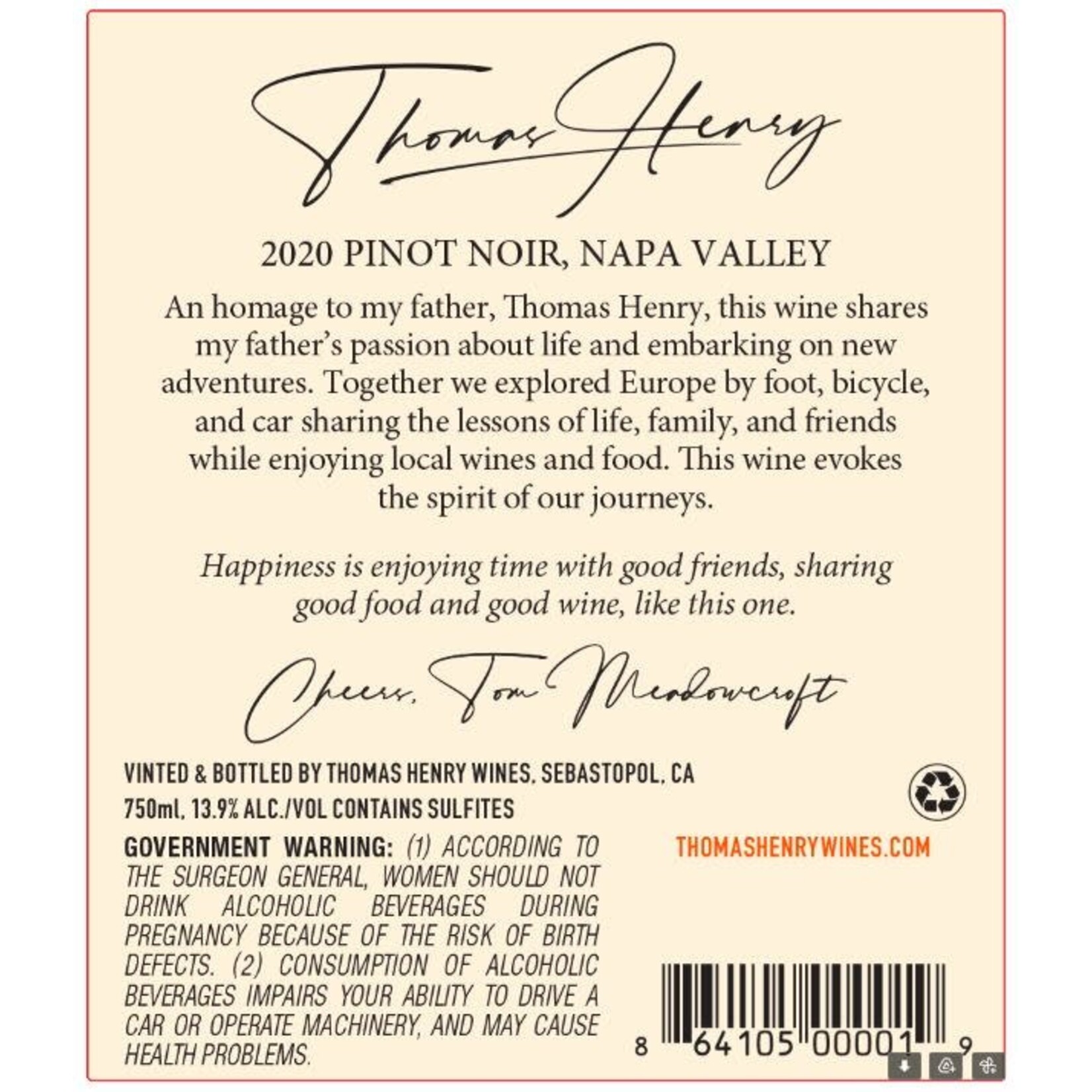 Thomas Henry Thomas Henry Pinot Noir 2021 Napa Valley,  California